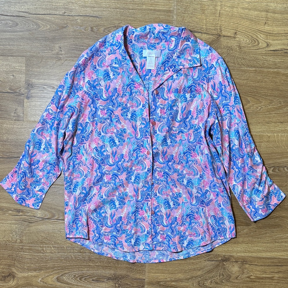 Stella Parker Mermaid Print Button-Down Shirt Pink & Blue Large